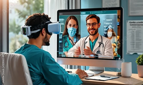 A person using VR to interact with healthcare professionals on a computer screen.