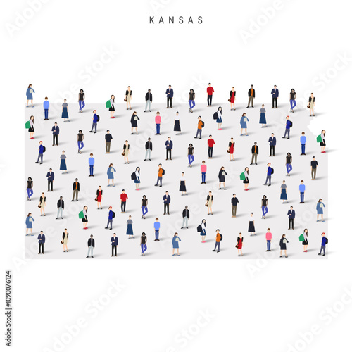 Kansas US state population map. Large group of realistic a diverse crowd of people figures. Flat vector illustration isolated on white.