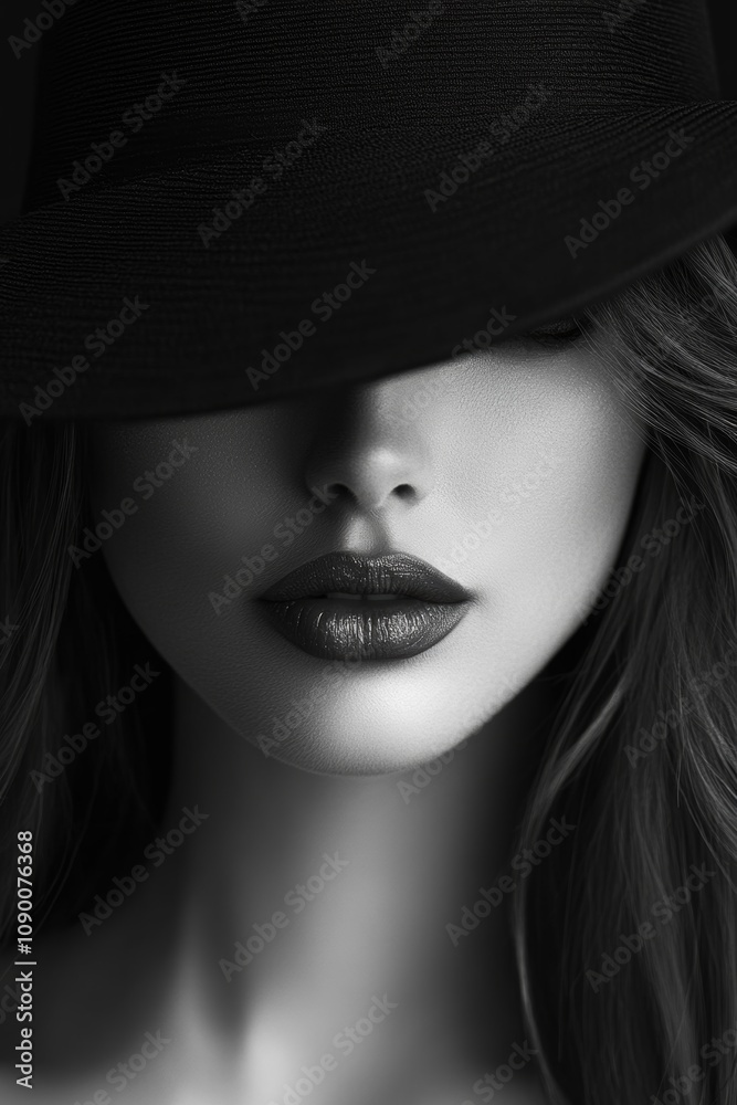 A captivating black and white portrait of a woman in a black hat partially covering her face, evoking mystery and elegance A captivating black and white portrait of a woman in a black hat partially covering her face, evoking mystery and elegance