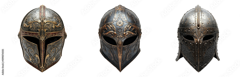 Fototapeta premium Vintage Knight Helmets with Intricate Designs. Isolated on transparent background
