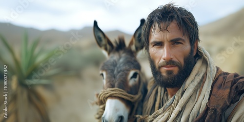 Joseph, father of Jesus, pulling the donkey that goes to Bethlehem; José pai de jesus puxando um jumentinho photo