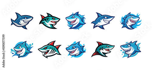 A fierce shark head mascot logo set.