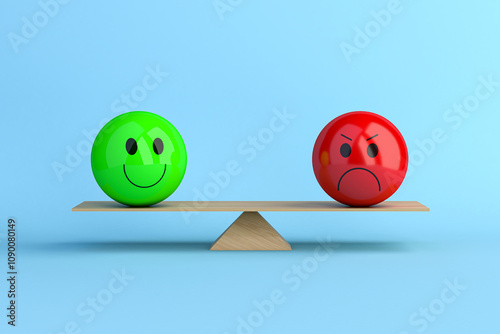 Scale comparing happy and angry emoji, symbolizing motivated and unmotivated people in the workplace. Ideal for topics on productivity, team management and job satisfaction. 3D illustration