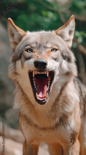 Menacing wolf snarling with its mouth wide open, showcasing strength and aggression