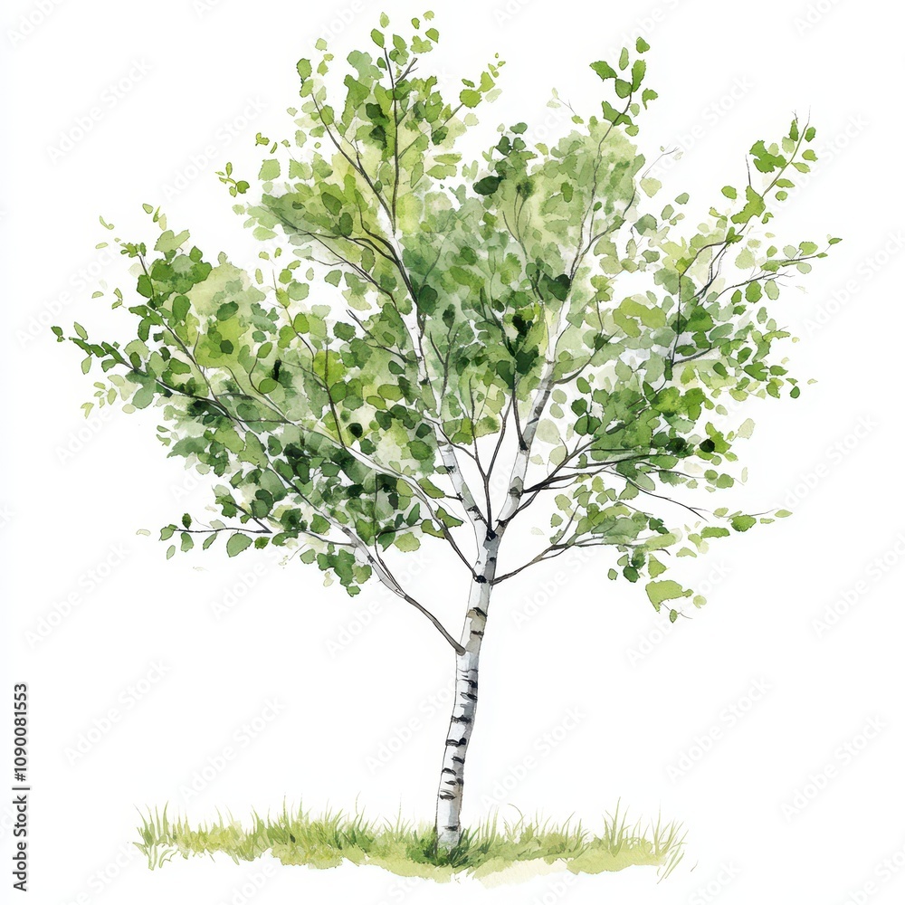 Obraz premium A vibrant watercolor illustration of a leafy green tree with a slender trunk, set against a white background, evoking a sense of nature and tranquility.