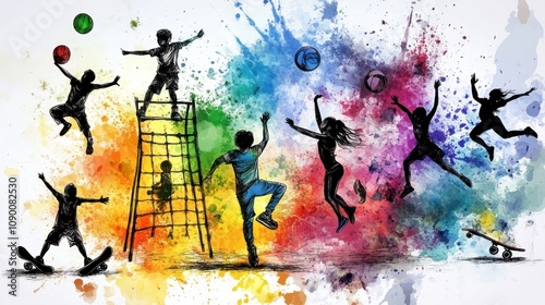 Colorful illustration of children engaging in various sports and activities in a vibrant setting.