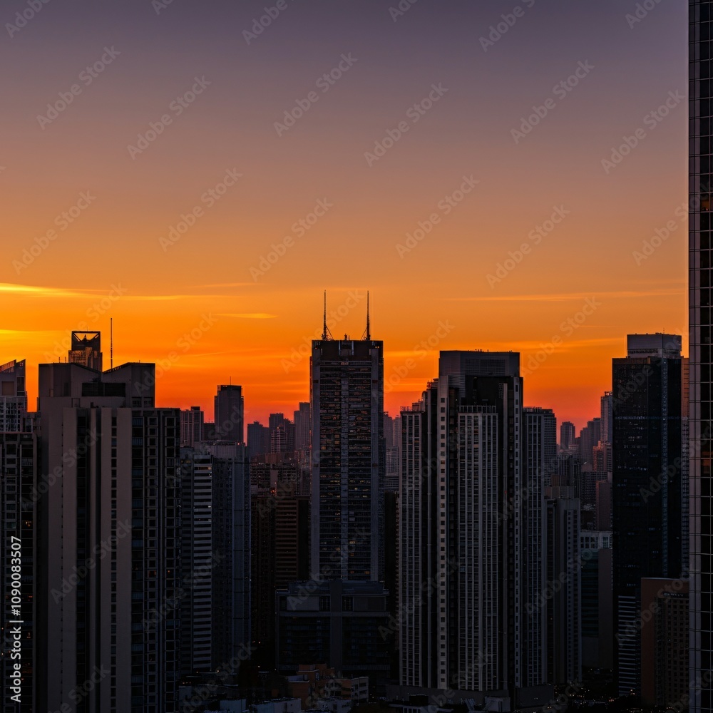 Fototapeta premium Sunset over an urban skyline with high-rise buildings silhouetted against the sky