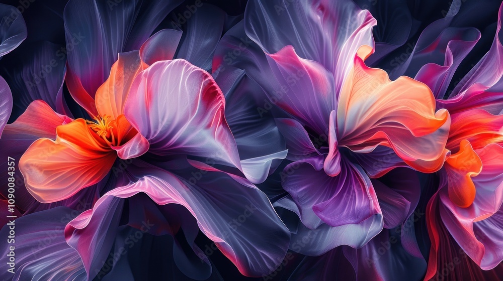 Obraz premium Abstract vibrant flowers with swirling petals in purple, orange, and pink hues.