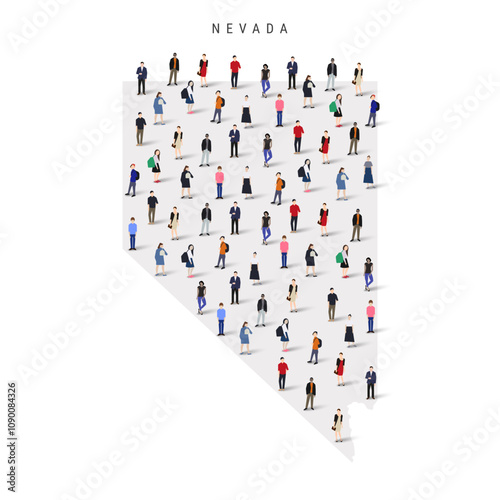 Nevada US state population map. Large group of realistic a diverse crowd of people figures. Flat vector illustration isolated on white.