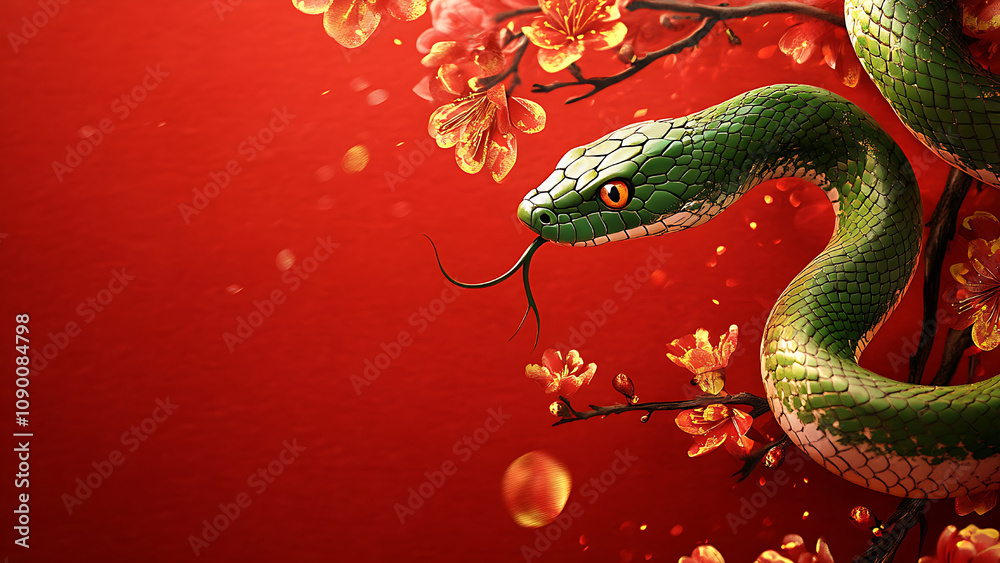 Obraz premium A green snake is near orange blossoms on a red background.