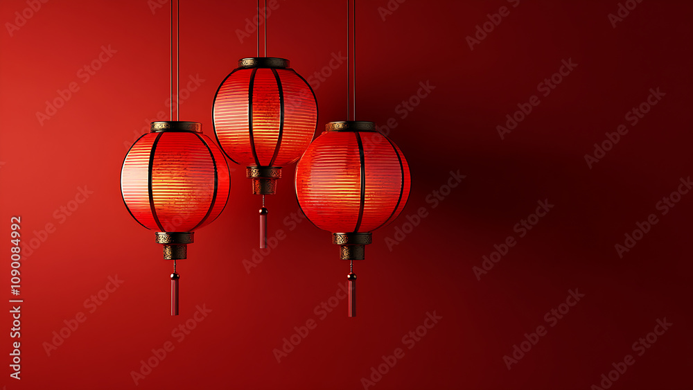 Obraz premium Three red lanterns hang from a red wall.