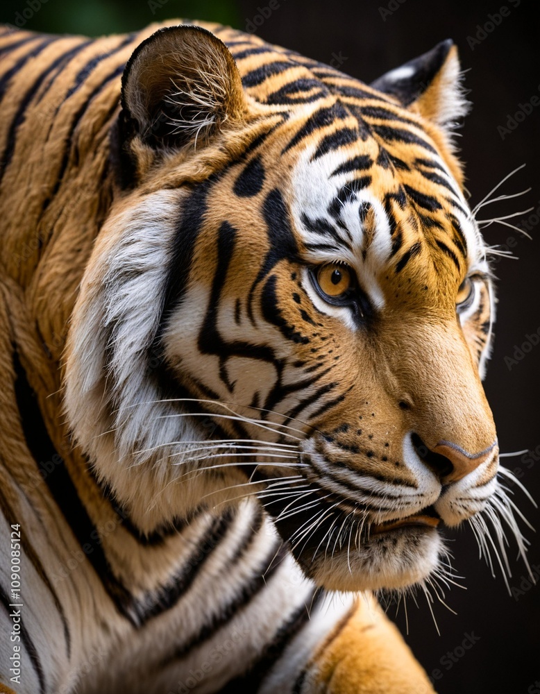 Fototapeta premium A close-up portrait of a tiger, with its head turned to the left, showcasing its striking orange and black stripes and intense gaze.