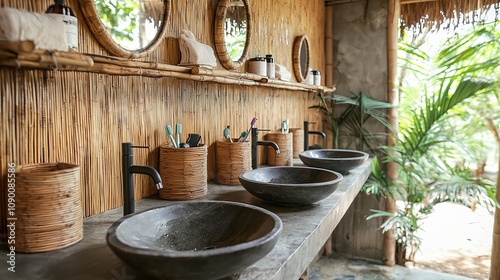 Eco-friendly hostel washroom with water-efficient faucets, bamboo shelving for toiletries, and natural stone tiles for a sustainable and stylish look photo