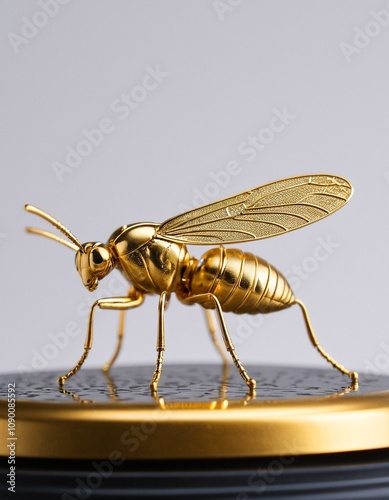 A golden bee figurine with wings spread, standing on a black base, is the focus of the image. photo