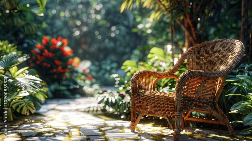 Obraz premium Wicker chair in a lush tropical garden with a stone path.