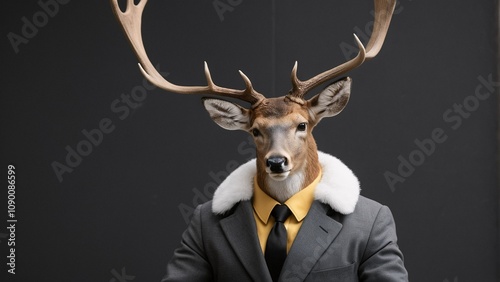 A deer wearing a suit and tie stands against a black background, with large antlers.