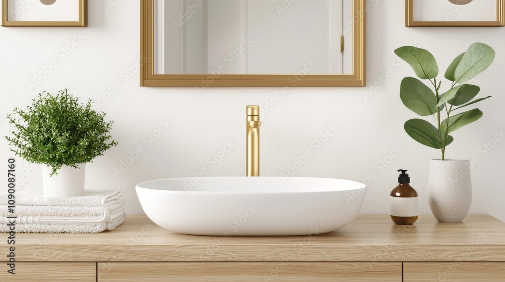 Fototapeta premium Elegant apartment bathroom, natural wood-veneer vanity, white basin, soft under-cabinet lighting, plant accents, abstract art frames for a homey touch