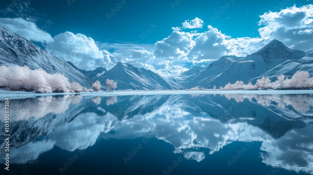 Fototapeta premium Serene mountain lake reflecting sky and clouds.