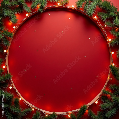 Red background with a Christmas tree decoration and lights photo