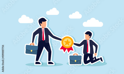 A businessman kneels to give an award medal to another businessman, illustration of a relay of awards passed to a better business