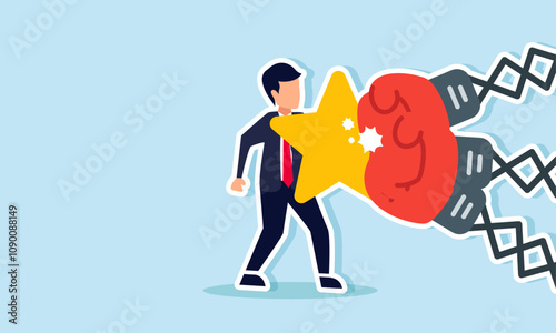 A businessman uses a shield or protection made of stars to block punches from boxing gloves, illustration of a good business quality and rating protecting against issues or problems