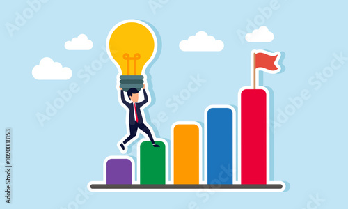 A businessman lifts and carries a lit lamp up a chart, illustration of the importance of ideas and innovation to develop and grow business performance