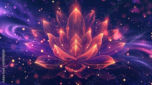 Glowing red lotus flower in cosmic space with sparkling particles.