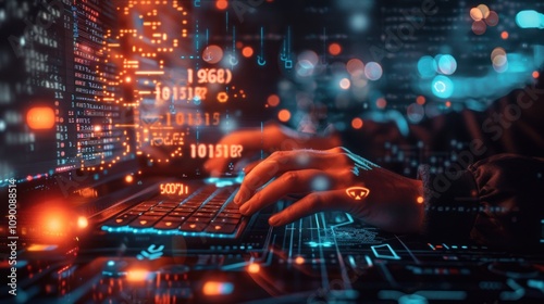 Wallpaper Mural A close-up of hands typing on a laptop with digital data overlay. Torontodigital.ca