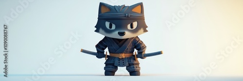 A stylized cartoon ninja wolf character wielding two swords, showcasing a playful design. photo