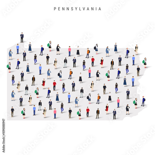 Pennsylvania US state population map. Large group of realistic a diverse crowd of people figures. Flat vector illustration isolated on white.
