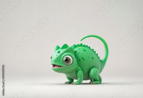 A cartoon green chameleon, bulging eyes, surprised expression, mischievous look, full body, lying on the ground, raising its little legs - generated by ai photo