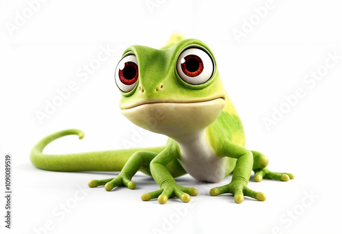 A cartoon green chameleon, bulging eyes, surprised expression, mischievous look, full body, lying on the ground, raising its little legs - generated by ai photo