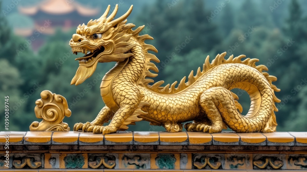 Fototapeta premium Golden dragon statue on a wall.