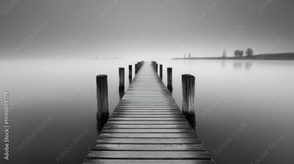 Obraz premium Solitary wooden pier extending into misty lake.