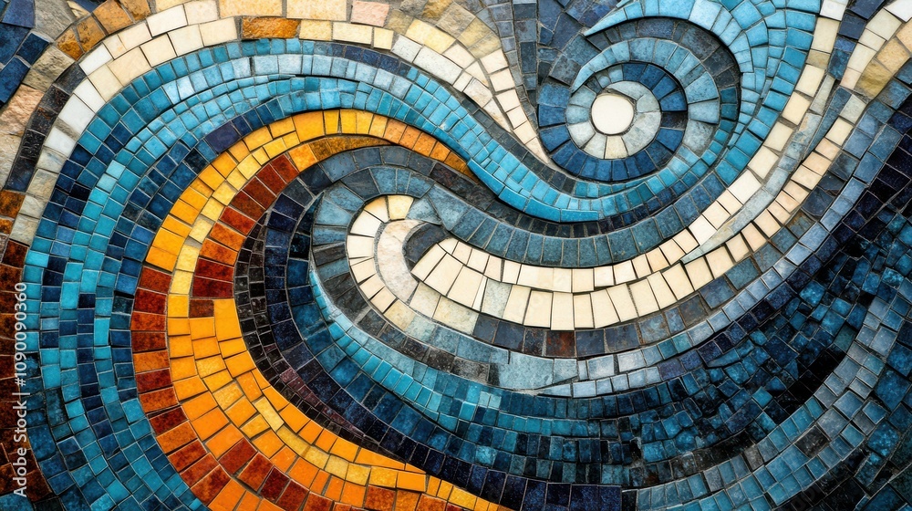 Fototapeta premium Colorful Mosaic Art Featuring Swirling Patterns of Blue, Orange, and Yellow Tiles Creating a Vibrant and Artistic Design for Interior Decoration and Wall Art