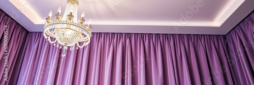 Sparkling diamond-encrusted chandelier hanging from the ceiling above a light purple velvet curtain, velvet, highend photo