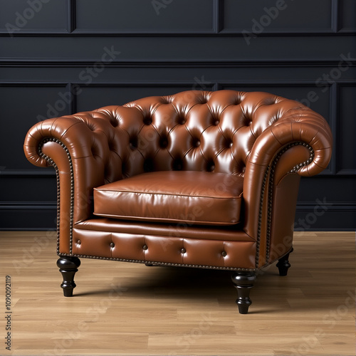 Elegant chesterfield chair with deep buttoned tufts and polished wood accents, showcasing timeless luxury photo