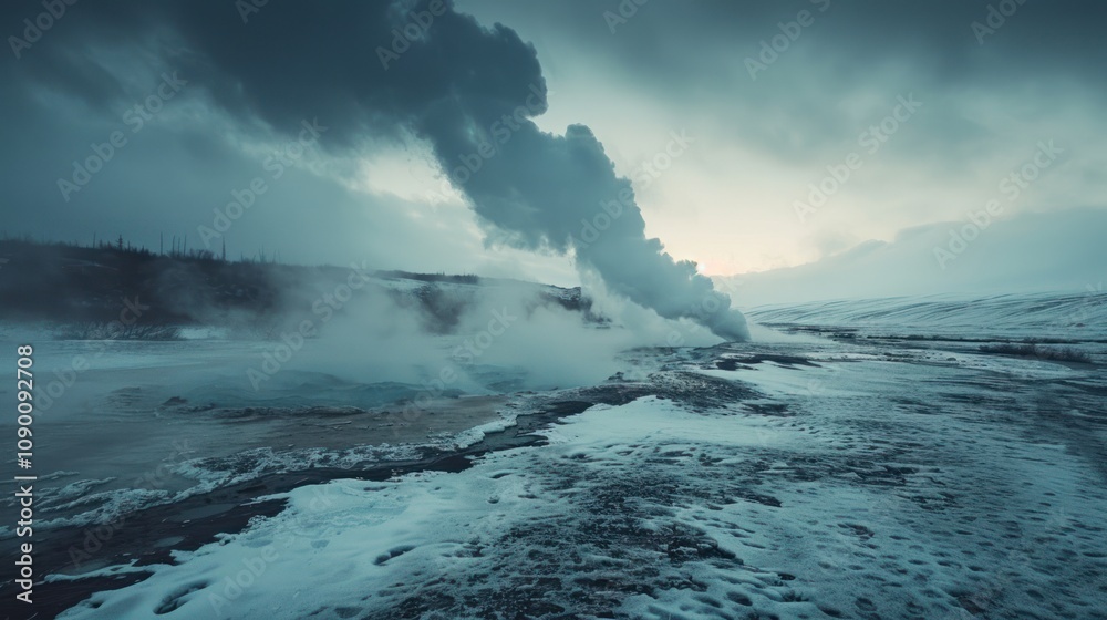 Obraz premium Steam rising from geothermal landscape under a moody sky.