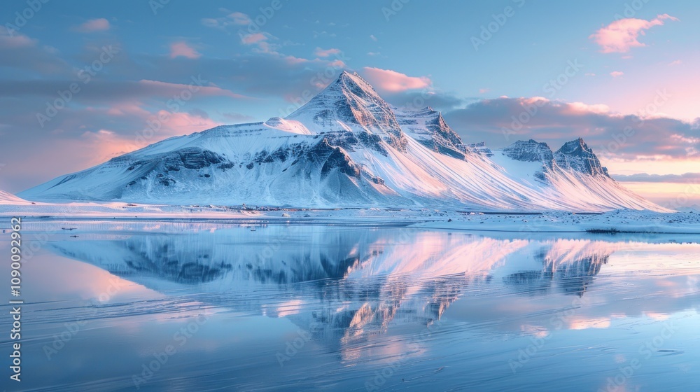 Fototapeta premium Snow-capped mountain reflecting in calm water at sunrise.