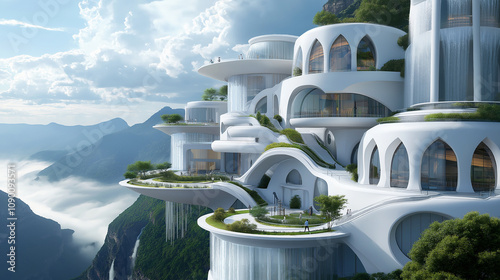 A futuristic arcological city integrated into a mountainside, with terraced gardens and cascading waterfalls adorning its exterior photo