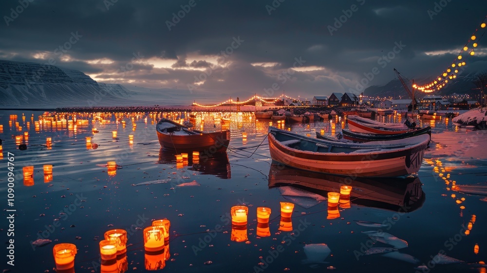 Obraz premium Serene winter scene with illuminated boats and floating candles.