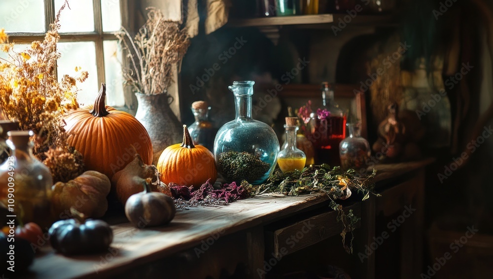 Fototapeta premium Autumnal Still Life with Pumpkins and Potions