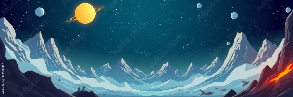 Obraz premium Alien planet landscape with volcanic rocks, lava rivers, towering mountains, sun and stars in the sky, ideal for sci-fi PC game backgrounds, mountains, vector illustration