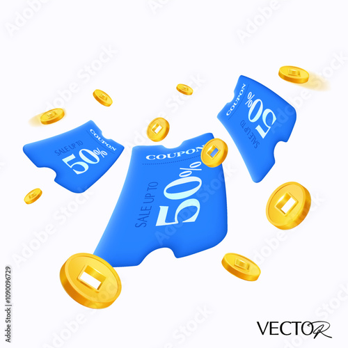 3d flying minimal blue coupon with golden coins, percentage badge or label, isolated on white background. 3d Flying gift voucher icon with coupon code vector illustration. Vector illustration