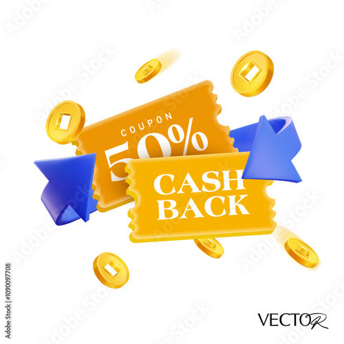 3d cashback coupon with percentage off, 2 ways cycle arrow, flying golden coins, percent price off, isolated on white background. Cashback gift voucher with coins in 3d vector. Vector illustration