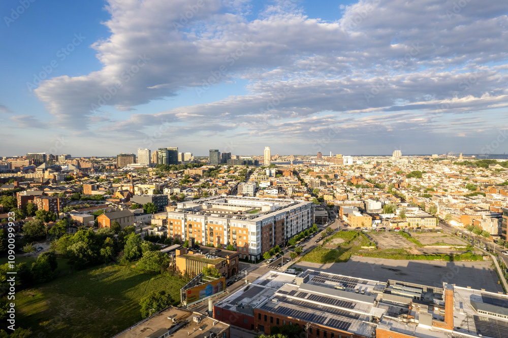 Fototapeta premium Aerial Drone View of Baltimore City Skyline at Sunset