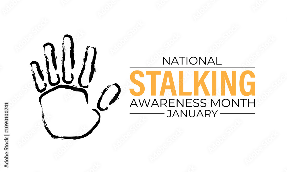 Obraz premium Vector graphic of National Stalking Awareness Month banner design template. Realistic Ribbon, hands icon and colourfull backgraound. Design for cards, prints, social media, poster, flyer.