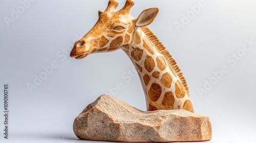 A carved giraffe head sculpture resting on a stone base, showcasing artistic craftsmanship. photo