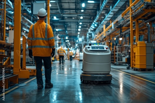 Industrial Worker Observing Automated Guided Vehicle  AGV  in Modern Factory