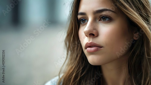 Beautiful young woman in sad feeling or emotional pain - distress or suffering - hurtful from heartbreak, loss or trauma, challenging relationships or loneliness photo